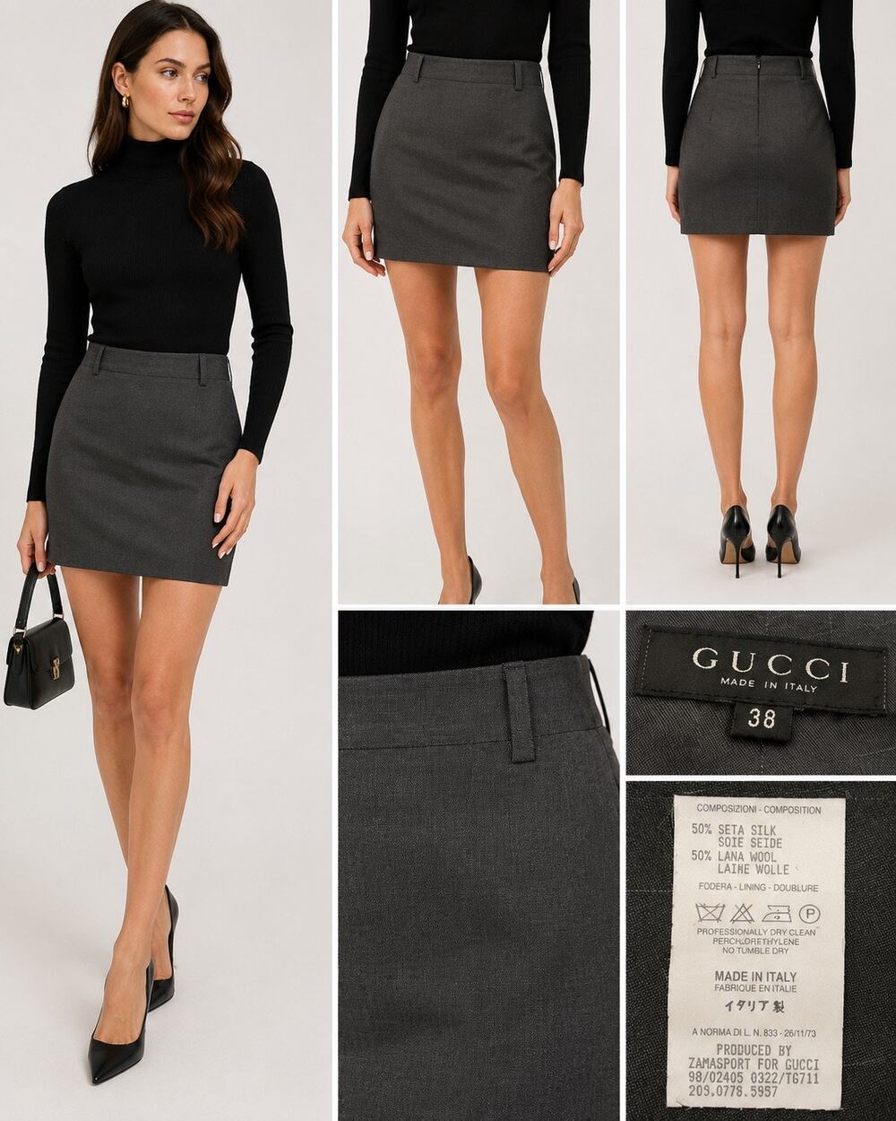Vintage Gucci Tom Ford Era Silk Wool Pencil Mini Skirt Gray IT 38